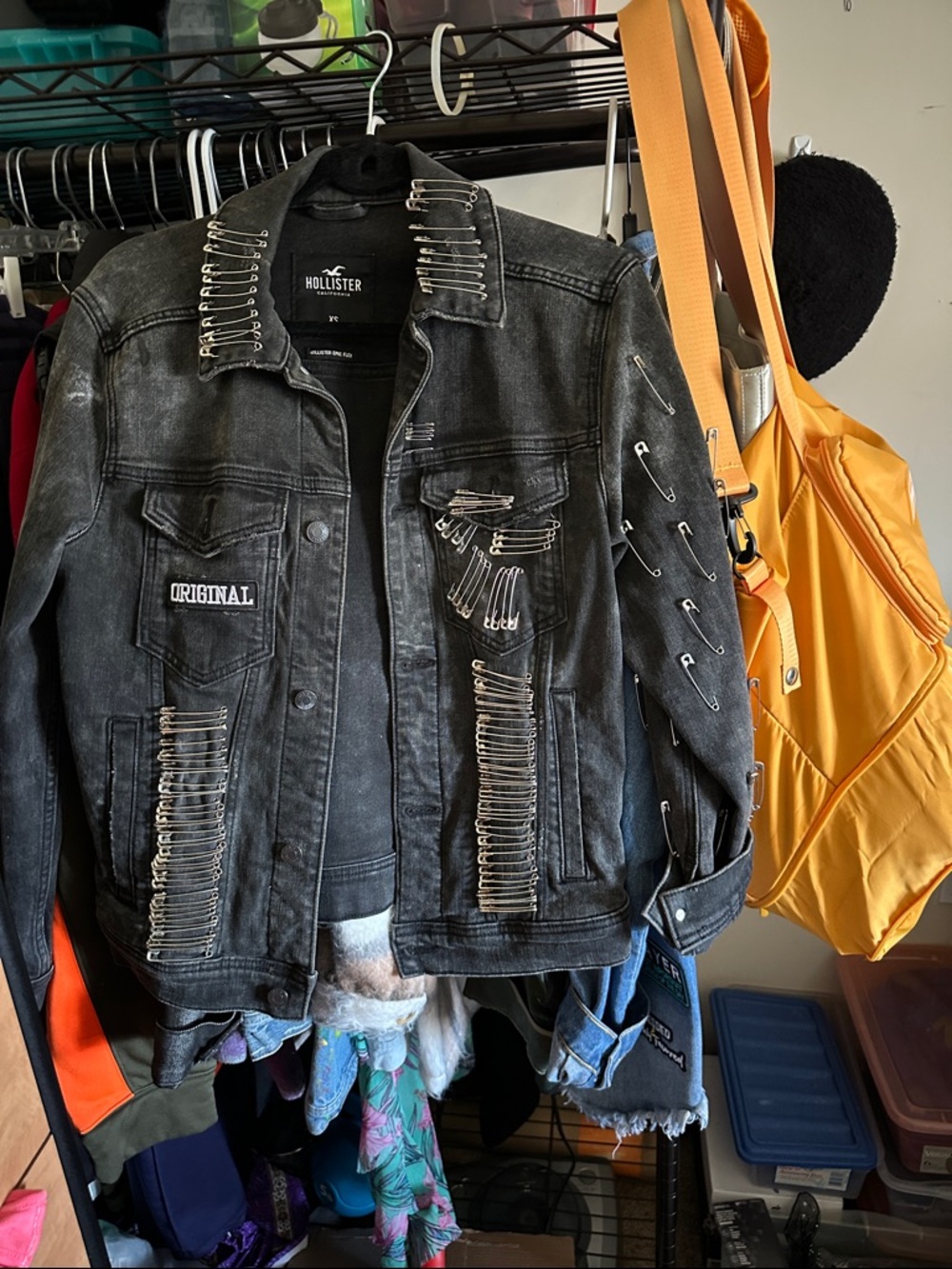 Hollister Black Distressed Denim Jacket with Safety Pin Accents